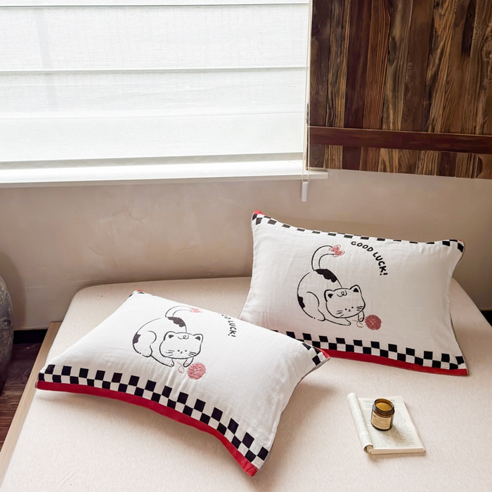 91家纺网 家纺一手货源 找家纺 乐家毛巾被（工厂自产自销） 2026新款全棉纯棉四层纱布枕巾 毛线小猫