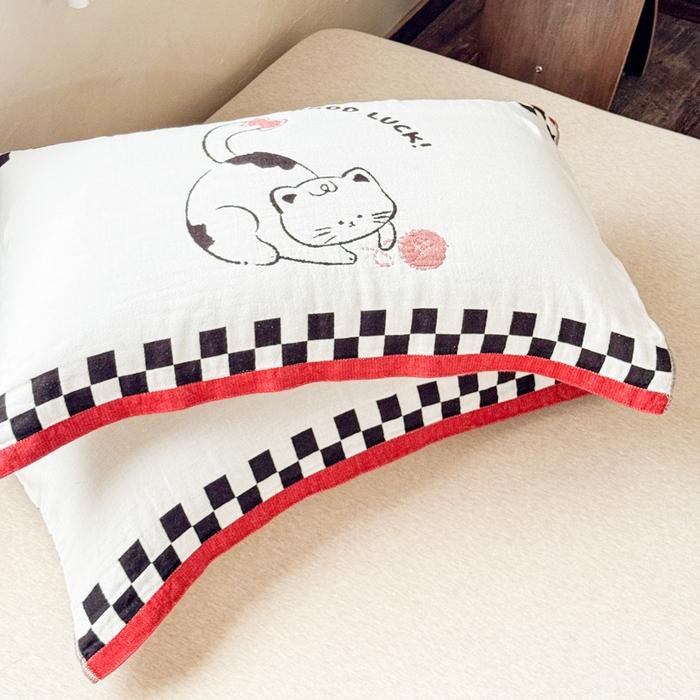 91家纺网 家纺一手货源 找家纺 乐家毛巾被（工厂自产自销） 2026新款全棉纯棉四层纱布枕巾 毛线小猫