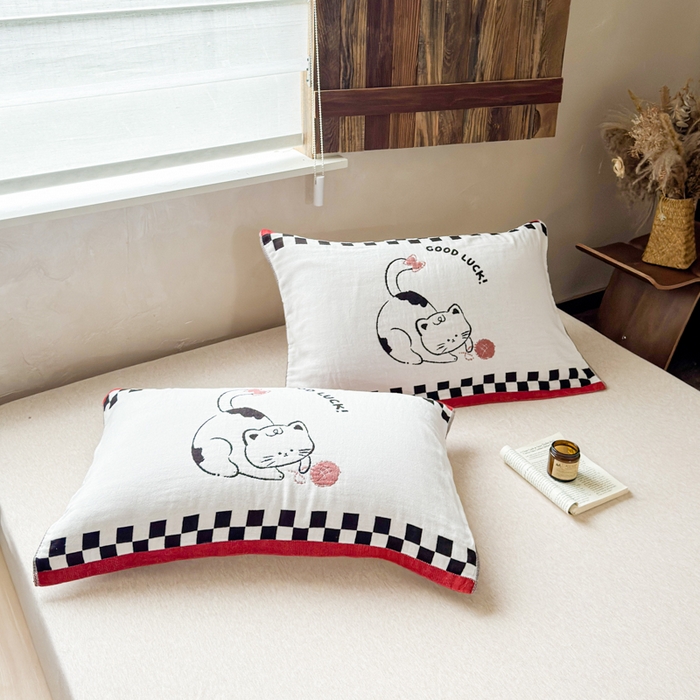 91家纺网 家纺一手货源 找家纺 乐家毛巾被（工厂自产自销） 2026新款全棉纯棉四层纱布枕巾 毛线小猫