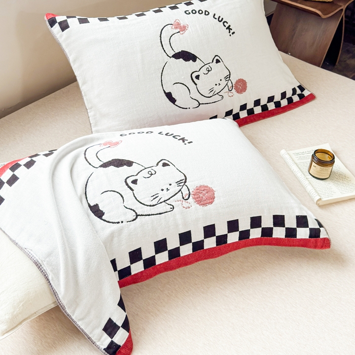 91家纺网 家纺一手货源 找家纺 乐家毛巾被（工厂自产自销） 2026新款全棉纯棉四层纱布枕巾 毛线小猫