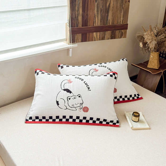 91家纺网 家纺一手货源 找家纺 乐家毛巾被（工厂自产自销） 2026新款全棉纯棉四层纱布枕巾 毛线小猫