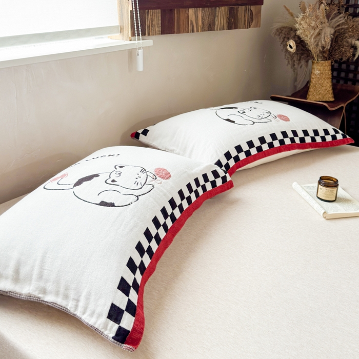 91家纺网 家纺一手货源 找家纺 乐家毛巾被（工厂自产自销） 2026新款全棉纯棉四层纱布枕巾 毛线小猫