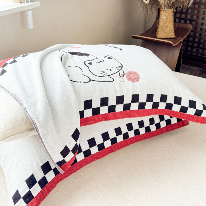 91家纺网 家纺一手货源 找家纺 乐家毛巾被（工厂自产自销） 2026新款全棉纯棉四层纱布枕巾 毛线小猫