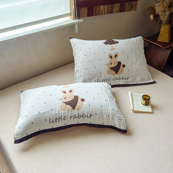 91家纺网 家纺一手货源 找家纺 乐家毛巾被（工厂自产自销） 2026新款全棉纯棉四层纱布枕巾 蘑菇兔