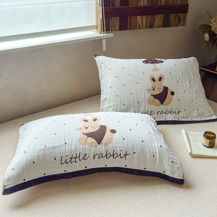 91家纺网 家纺一手货源 找家纺 乐家毛巾被（工厂自产自销） 2026新款全棉纯棉四层纱布枕巾 蘑菇兔