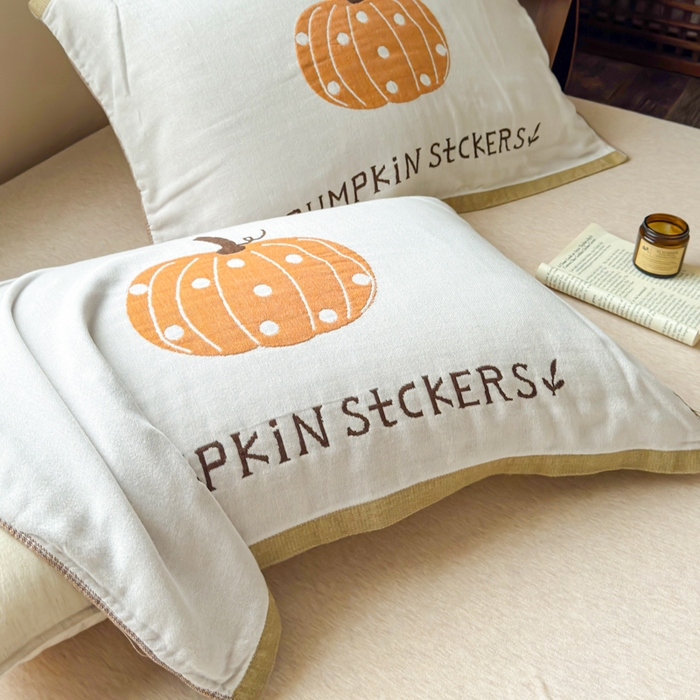 91家纺网 家纺一手货源 找家纺 乐家毛巾被（工厂自产自销） 2026新款全棉纯棉四层纱布枕巾 南瓜派对