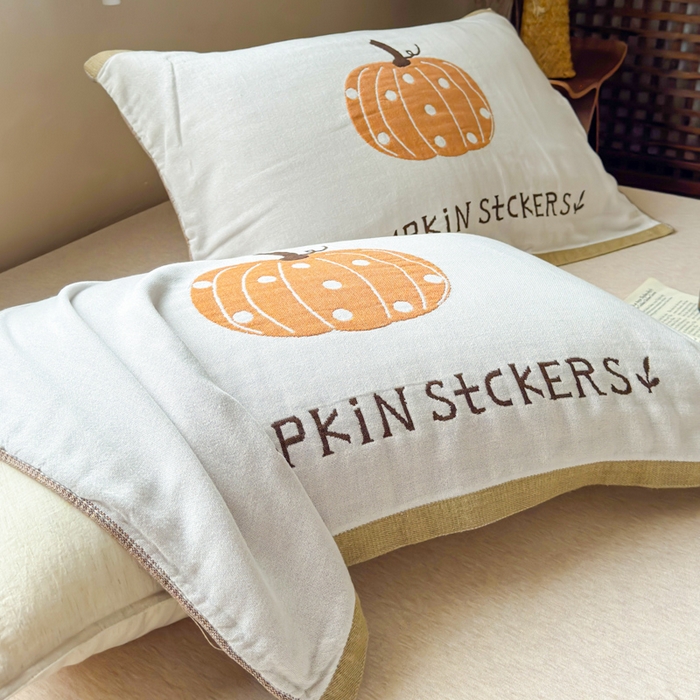 91家纺网 家纺一手货源 找家纺 乐家毛巾被（工厂自产自销） 2026新款全棉纯棉四层纱布枕巾 南瓜派对