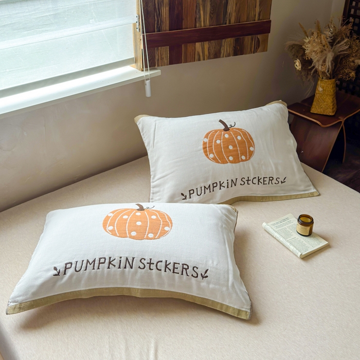 91家纺网 家纺一手货源 找家纺 乐家毛巾被（工厂自产自销） 2026新款全棉纯棉四层纱布枕巾 南瓜派对