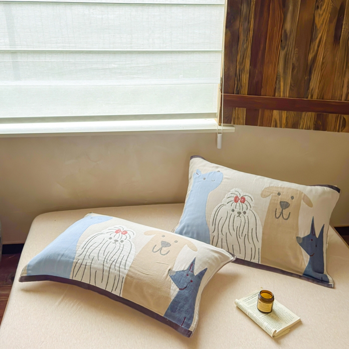 91家纺网 家纺一手货源 找家纺 乐家毛巾被（工厂自产自销） 2026新款全棉纯棉四层纱布枕巾 三只小狗