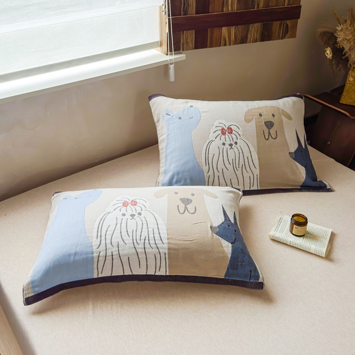 91家纺网 家纺一手货源 找家纺 乐家毛巾被（工厂自产自销） 2026新款全棉纯棉四层纱布枕巾 三只小狗