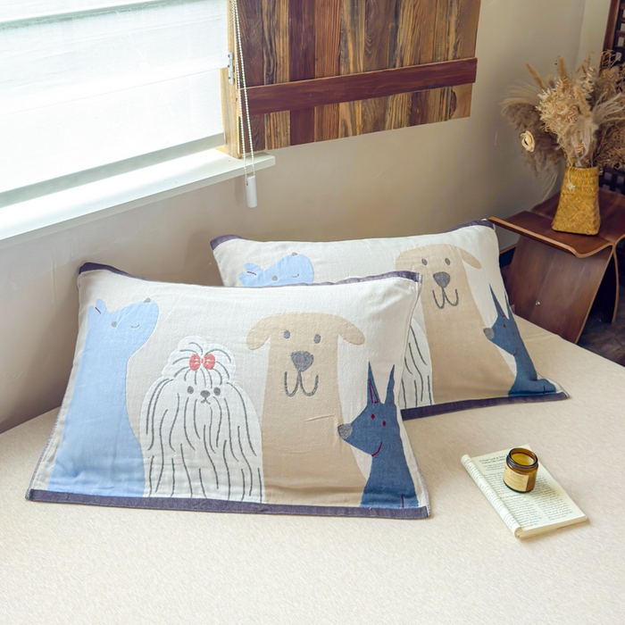 91家纺网 家纺一手货源 找家纺 乐家毛巾被（工厂自产自销） 2026新款全棉纯棉四层纱布枕巾 三只小狗