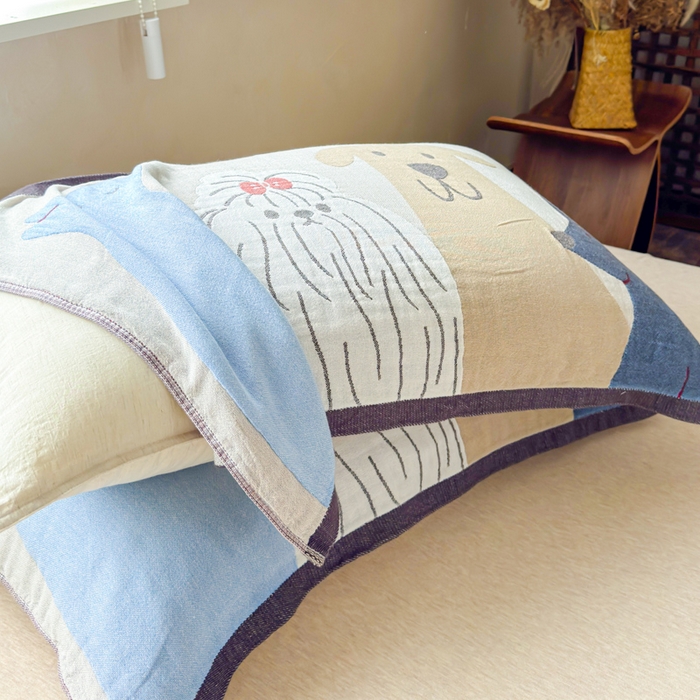 91家纺网 家纺一手货源 找家纺 乐家毛巾被（工厂自产自销） 2026新款全棉纯棉四层纱布枕巾 三只小狗