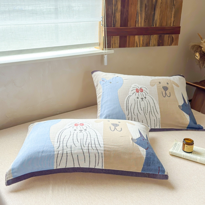 91家纺网 家纺一手货源 找家纺 乐家毛巾被（工厂自产自销） 2026新款全棉纯棉四层纱布枕巾 三只小狗