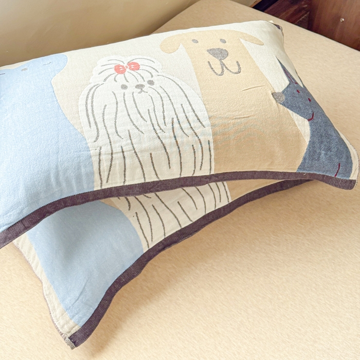 91家纺网 家纺一手货源 找家纺 乐家毛巾被（工厂自产自销） 2026新款全棉纯棉四层纱布枕巾 三只小狗