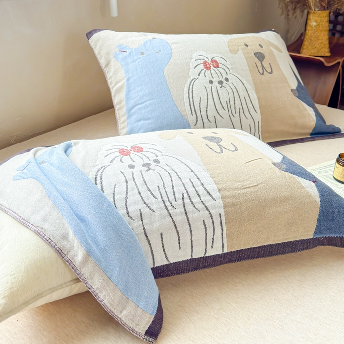 91家纺网 家纺一手货源 找家纺 乐家毛巾被（工厂自产自销） 2026新款全棉纯棉四层纱布枕巾 三只小狗