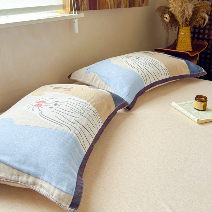 91家纺网 家纺一手货源 找家纺 乐家毛巾被（工厂自产自销） 2026新款全棉纯棉四层纱布枕巾 三只小狗