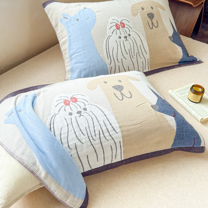 91家纺网 家纺一手货源 找家纺 乐家毛巾被（工厂自产自销） 2026新款全棉纯棉四层纱布枕巾 三只小狗