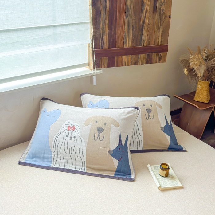 91家纺网 家纺一手货源 找家纺 乐家毛巾被（工厂自产自销） 2026新款全棉纯棉四层纱布枕巾 三只小狗