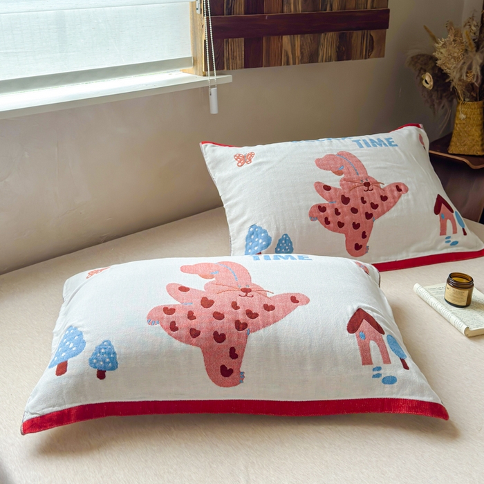 91家纺网 家纺一手货源 找家纺 乐家毛巾被（工厂自产自销） 2026新款全棉纯棉四层纱布枕巾 森林小兔