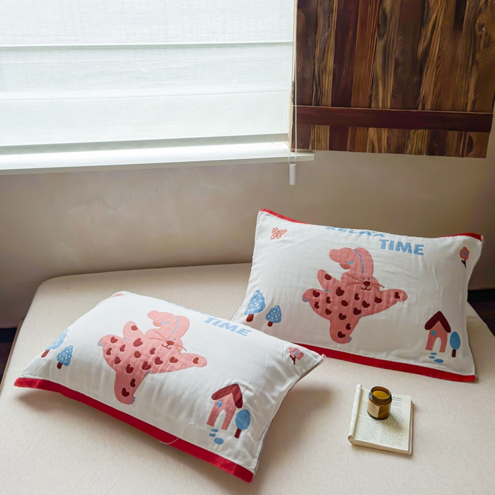 91家纺网 家纺一手货源 找家纺 乐家毛巾被（工厂自产自销） 2026新款全棉纯棉四层纱布枕巾 森林小兔