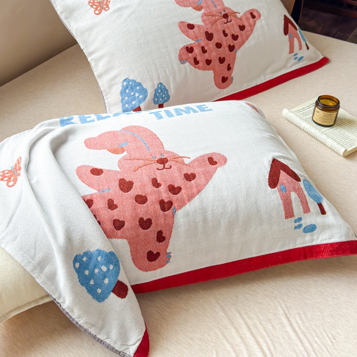 91家纺网 家纺一手货源 找家纺 乐家毛巾被（工厂自产自销） 2026新款全棉纯棉四层纱布枕巾 森林小兔