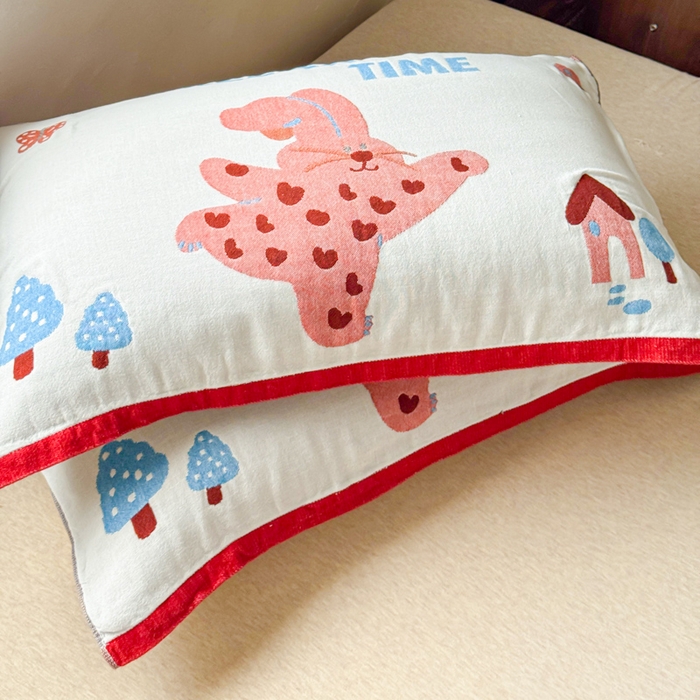 91家纺网 家纺一手货源 找家纺 乐家毛巾被（工厂自产自销） 2026新款全棉纯棉四层纱布枕巾 森林小兔