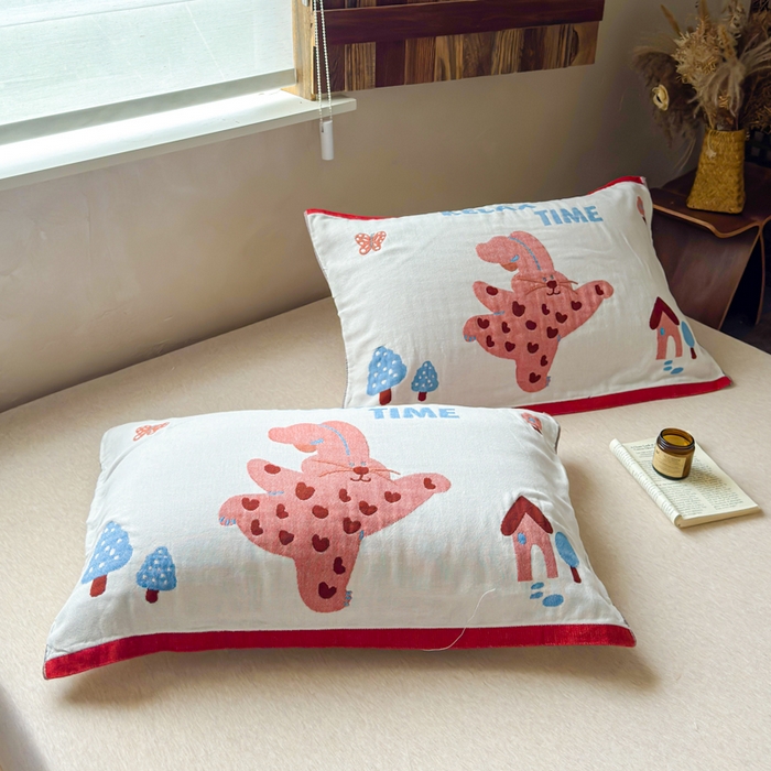 91家纺网 家纺一手货源 找家纺 乐家毛巾被（工厂自产自销） 2026新款全棉纯棉四层纱布枕巾 森林小兔