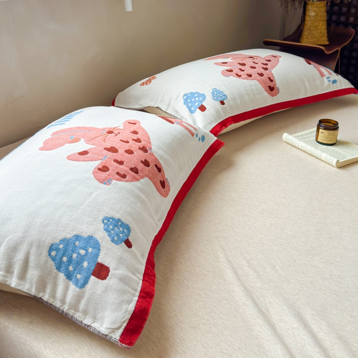 91家纺网 家纺一手货源 找家纺 乐家毛巾被（工厂自产自销） 2026新款全棉纯棉四层纱布枕巾 森林小兔