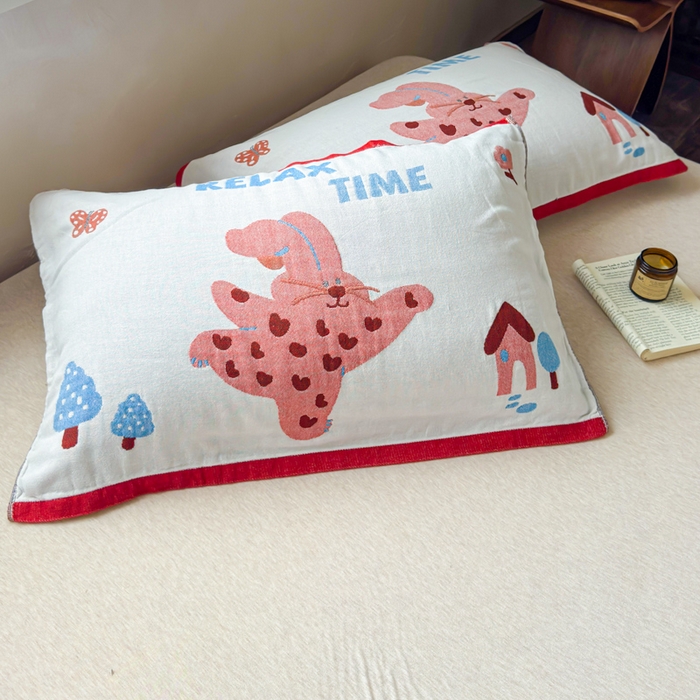 91家纺网 家纺一手货源 找家纺 乐家毛巾被（工厂自产自销） 2026新款全棉纯棉四层纱布枕巾 森林小兔