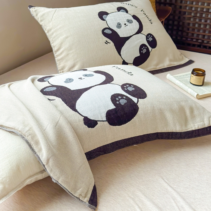 91家纺网 家纺一手货源 找家纺 乐家毛巾被（工厂自产自销） 2026新款全棉纯棉四层纱布枕巾 顽皮熊猫