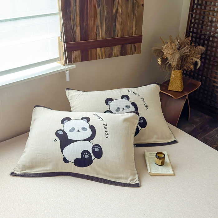 91家纺网 家纺一手货源 找家纺 乐家毛巾被（工厂自产自销） 2026新款全棉纯棉四层纱布枕巾 顽皮熊猫