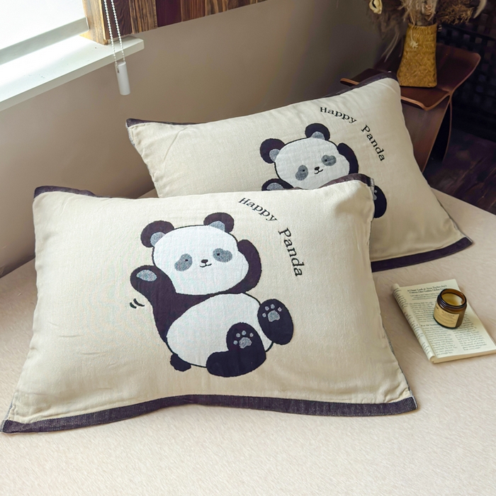 91家纺网 家纺一手货源 找家纺 乐家毛巾被（工厂自产自销） 2026新款全棉纯棉四层纱布枕巾 顽皮熊猫