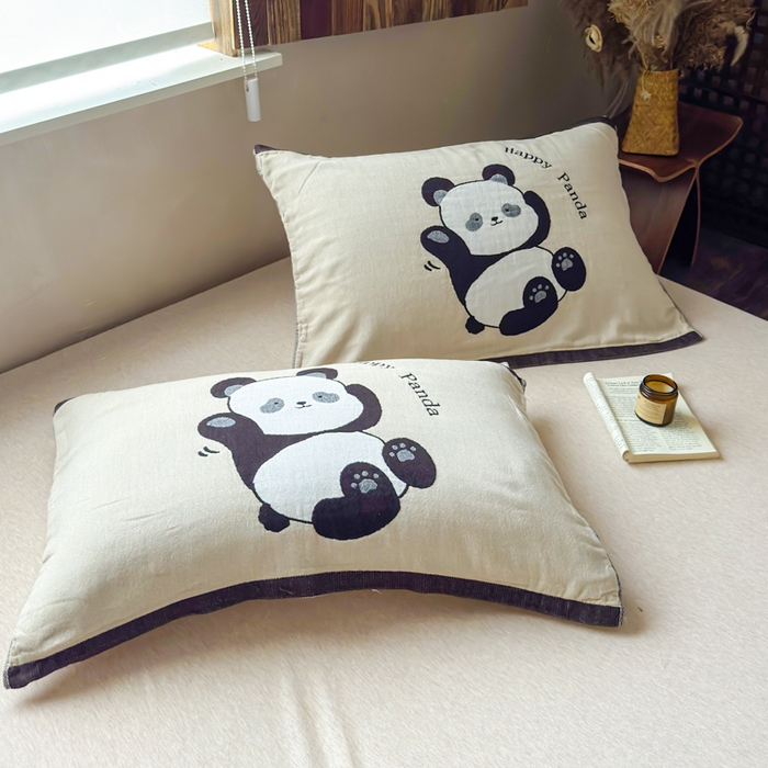 91家纺网 家纺一手货源 找家纺 乐家毛巾被（工厂自产自销） 2026新款全棉纯棉四层纱布枕巾 顽皮熊猫