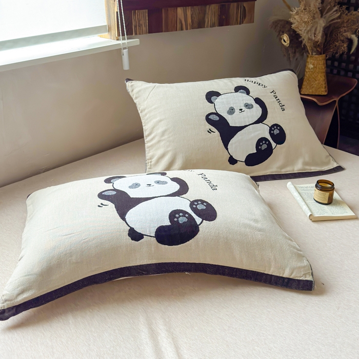 91家纺网 家纺一手货源 找家纺 乐家毛巾被（工厂自产自销） 2026新款全棉纯棉四层纱布枕巾 顽皮熊猫