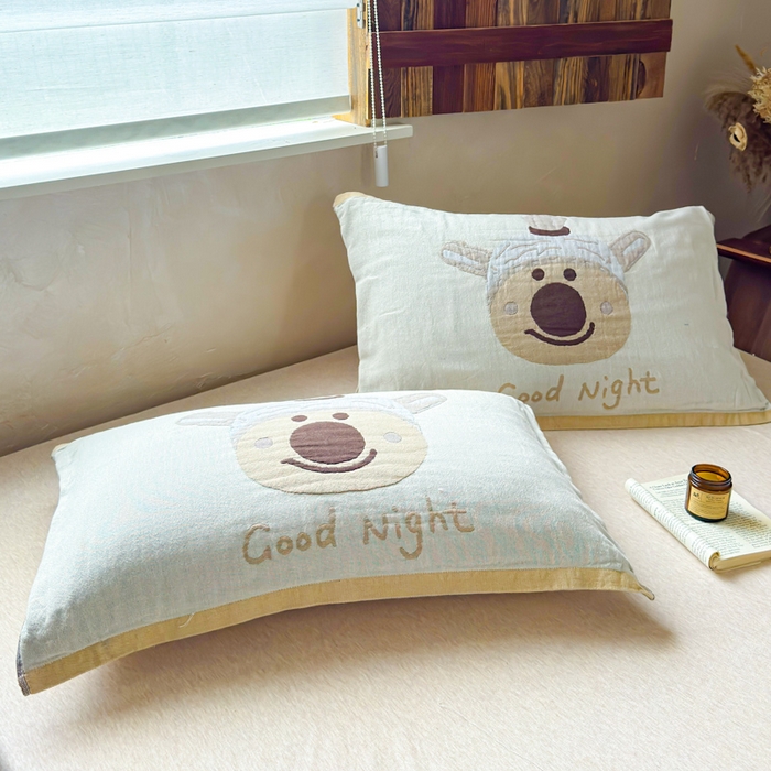 91家纺网 家纺一手货源 找家纺 乐家毛巾被（工厂自产自销） 2026新款全棉纯棉四层纱布枕巾 晚安小熊