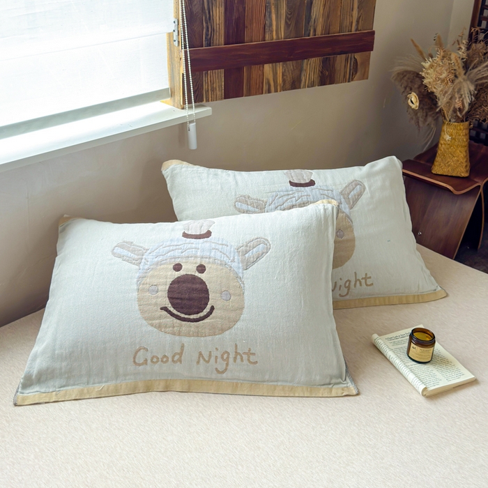 91家纺网 家纺一手货源 找家纺 乐家毛巾被（工厂自产自销） 2026新款全棉纯棉四层纱布枕巾 晚安小熊