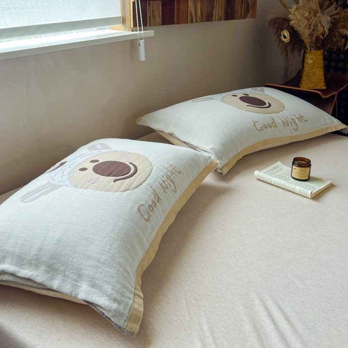 91家纺网 家纺一手货源 找家纺 乐家毛巾被（工厂自产自销） 2026新款全棉纯棉四层纱布枕巾 晚安小熊