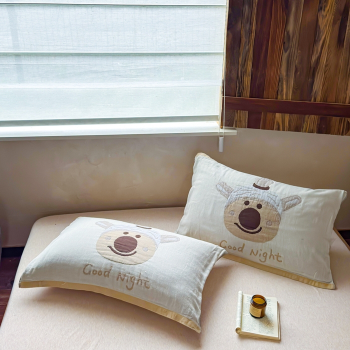 91家纺网 家纺一手货源 找家纺 乐家毛巾被（工厂自产自销） 2026新款全棉纯棉四层纱布枕巾 晚安小熊