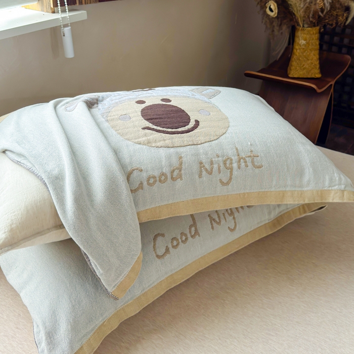 91家纺网 家纺一手货源 找家纺 乐家毛巾被（工厂自产自销） 2026新款全棉纯棉四层纱布枕巾 晚安小熊