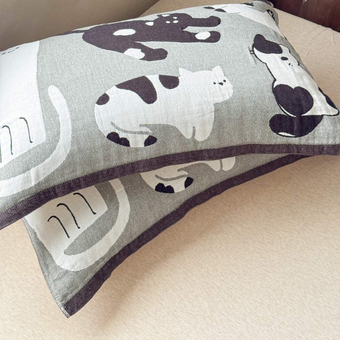 91家纺网 家纺一手货源 找家纺 乐家毛巾被（工厂自产自销） 2026新款全棉纯棉四层纱布枕巾 五只小猫