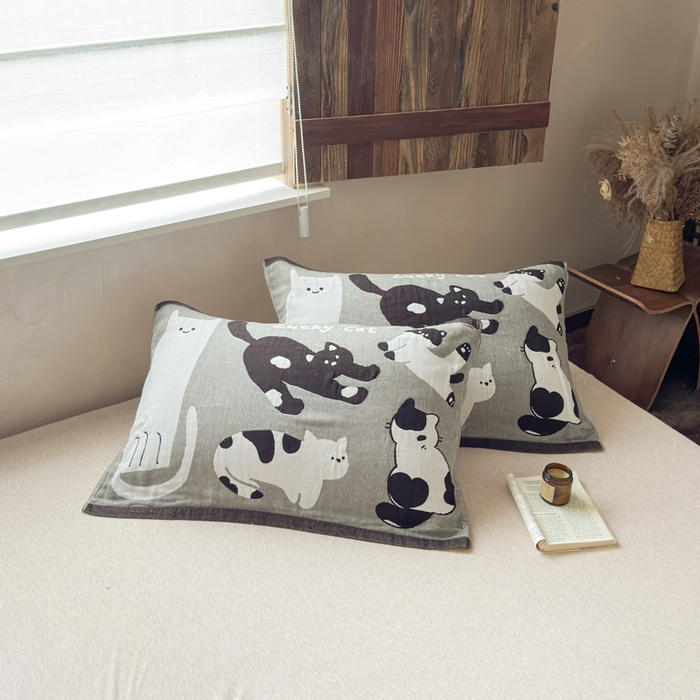 91家纺网 家纺一手货源 找家纺 乐家毛巾被（工厂自产自销） 2026新款全棉纯棉四层纱布枕巾 五只小猫