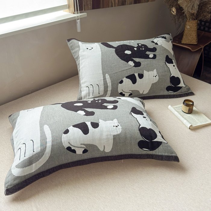 91家纺网 家纺一手货源 找家纺 乐家毛巾被（工厂自产自销） 2026新款全棉纯棉四层纱布枕巾 五只小猫