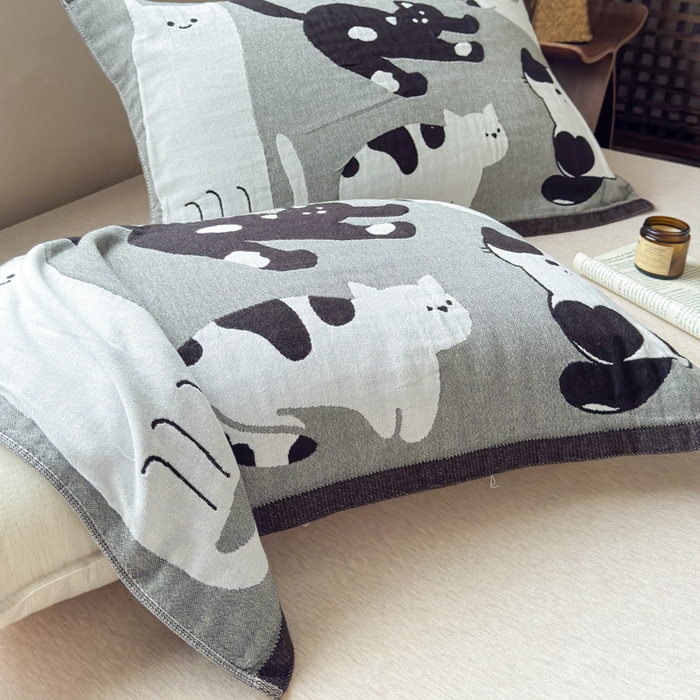 91家纺网 家纺一手货源 找家纺 乐家毛巾被（工厂自产自销） 2026新款全棉纯棉四层纱布枕巾 五只小猫