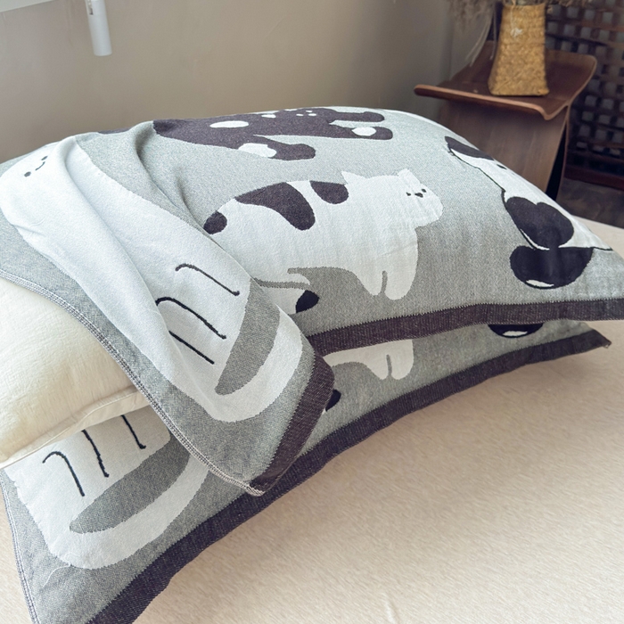 91家纺网 家纺一手货源 找家纺 乐家毛巾被（工厂自产自销） 2026新款全棉纯棉四层纱布枕巾 五只小猫