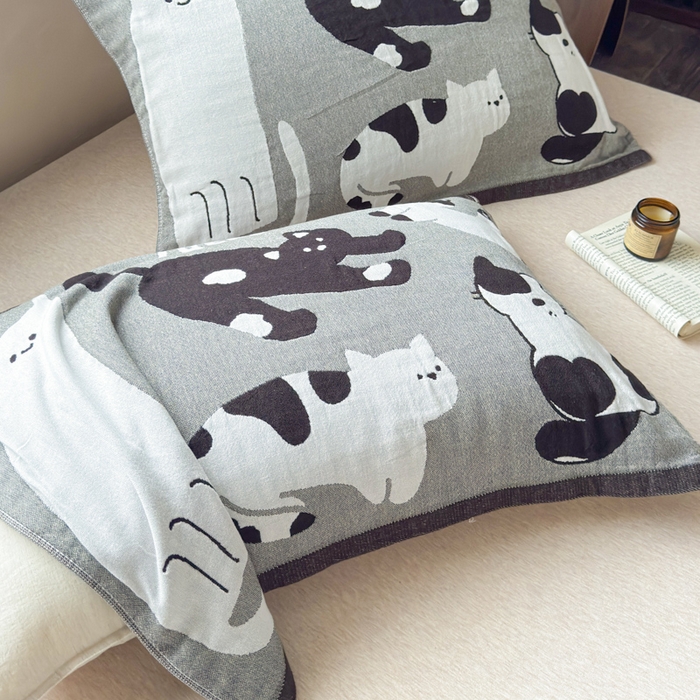 91家纺网 家纺一手货源 找家纺 乐家毛巾被（工厂自产自销） 2026新款全棉纯棉四层纱布枕巾 五只小猫