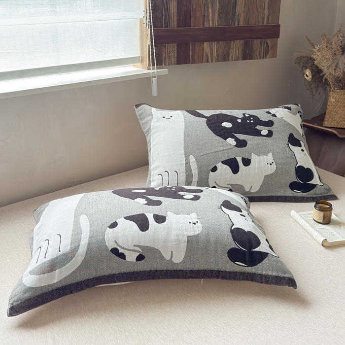 91家纺网 家纺一手货源 找家纺 乐家毛巾被（工厂自产自销） 2026新款全棉纯棉四层纱布枕巾 五只小猫