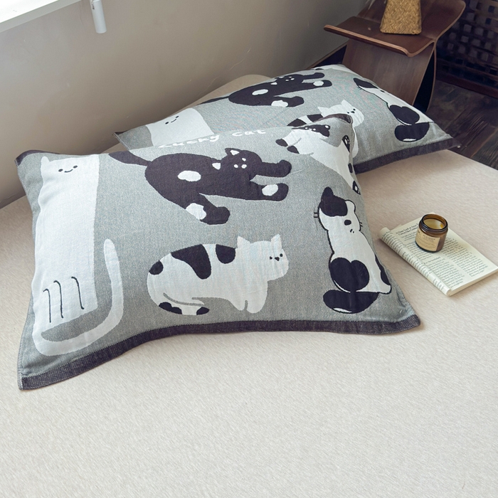 91家纺网 家纺一手货源 找家纺 乐家毛巾被（工厂自产自销） 2026新款全棉纯棉四层纱布枕巾 五只小猫