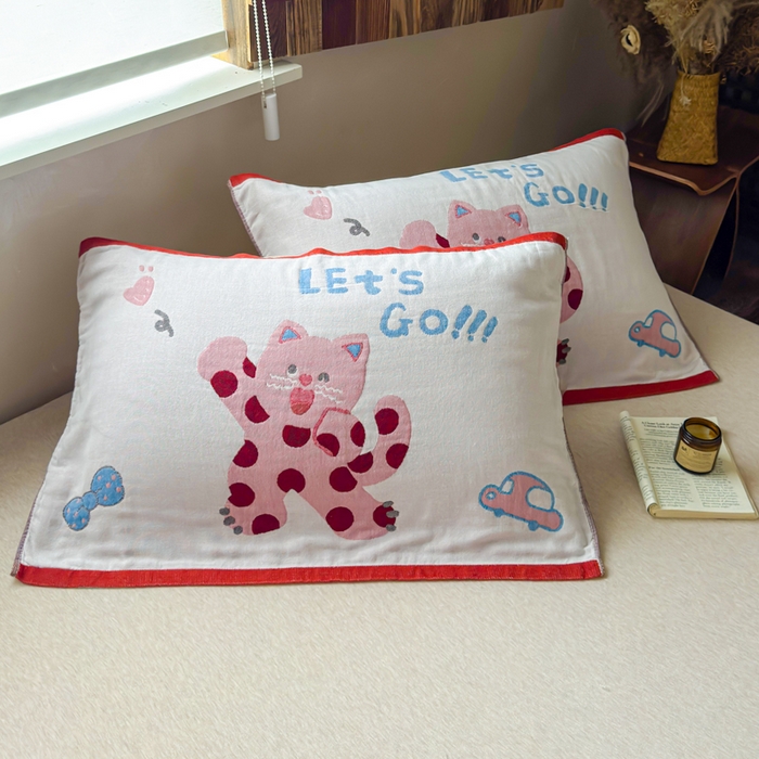 乐家毛巾被（工厂自产自销） 2026新款全棉纯棉四层纱布枕巾 心心猫咪