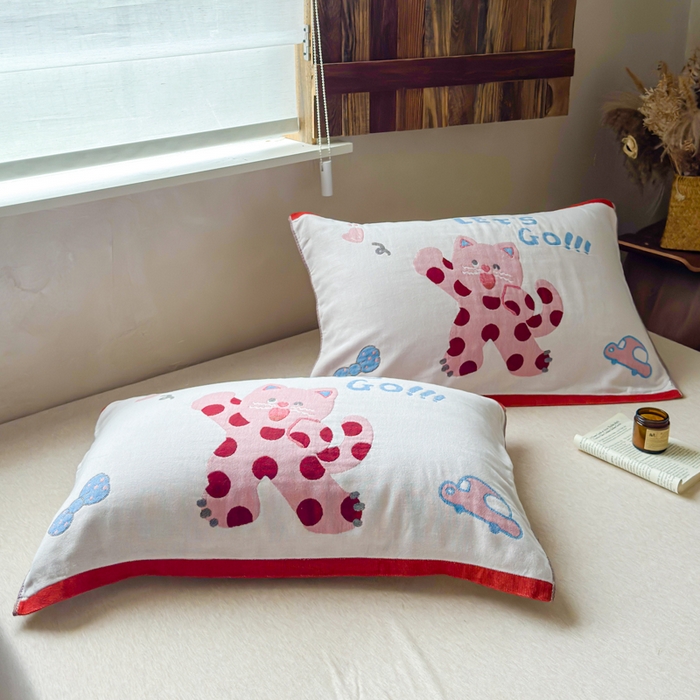 91家纺网 家纺一手货源 找家纺 乐家毛巾被（工厂自产自销） 2026新款全棉纯棉四层纱布枕巾 心心猫咪