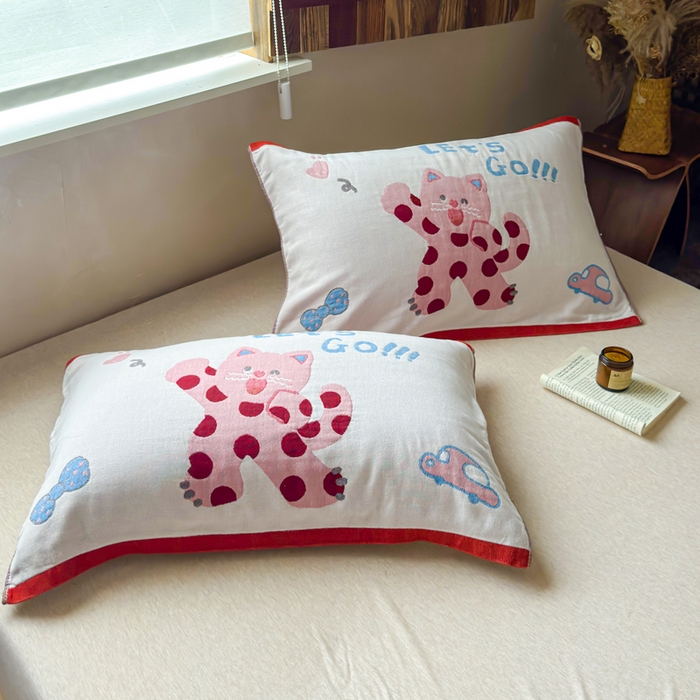 91家纺网 家纺一手货源 找家纺 乐家毛巾被（工厂自产自销） 2026新款全棉纯棉四层纱布枕巾 心心猫咪